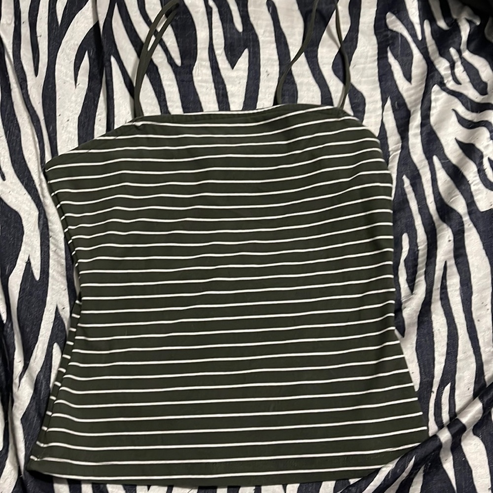 Olive green and white striped crop tank